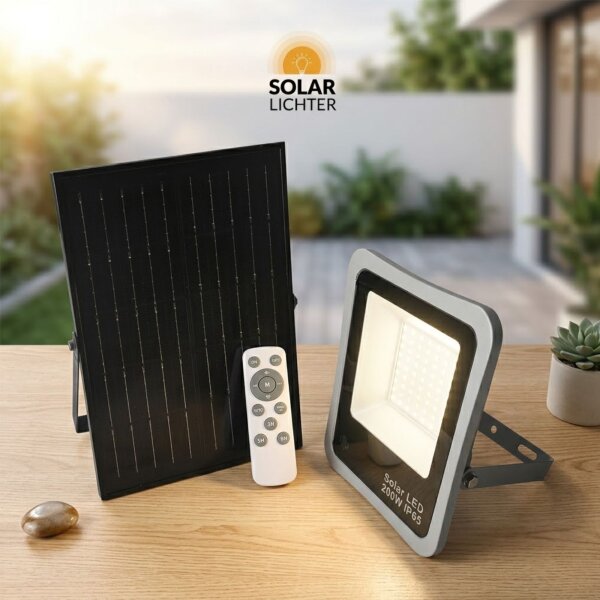 Solar-Lichter ENERGY XL LED Solar Strahler Schwarz 200W 1200lm Fernbedienung Warmweiß IP65