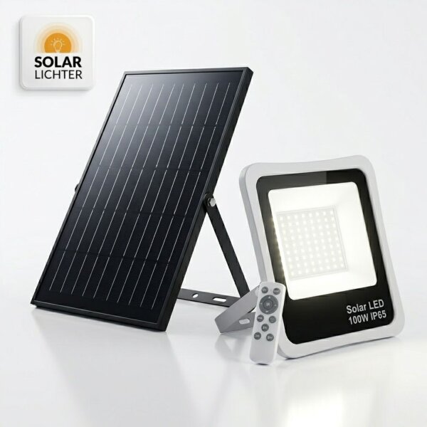 Solar-Lichter ENERGY LED Solar Strahler Schwarz Alu 100W 1000lm Fernbedienung Warmweiß IP65