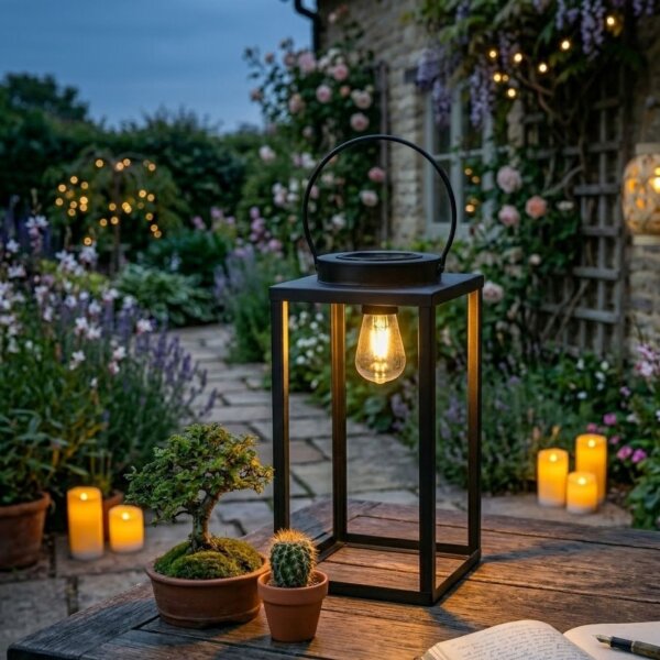 Solar Laterne BODHU: 25,6cm, schwarze Outdoor-Leuchte, Solar-Lichter, stimmungsvolle Gartenlampe.