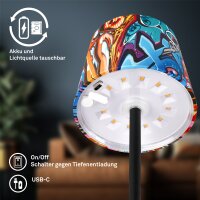 Akku-Tischlampe Boja, Graffiti-Design, 2,6 Watt, 150lm, Warmweiß, dimmbar – Briloner