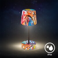 Akku-Tischlampe Boja, Graffiti-Design, 2,6 Watt, 150lm, Warmweiß, dimmbar – Briloner