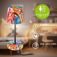 Akku-Tischlampe Boja, Graffiti-Design, 2,6 Watt, 150lm, Warmweiß, dimmbar – Briloner