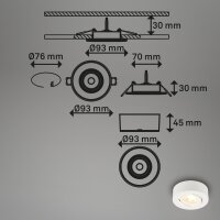 Briloner 2-in-1 LED Einbaustrahler Aufbauspot Weiß Ø9cm Schwenkbar Dimmbar 5W 500lm Warmweiß
