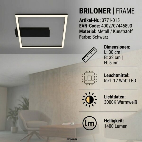 LED Deckenleuchte Frame, Schwarz, 12 Watt, 30 x 32 x 5 cm – Briloner