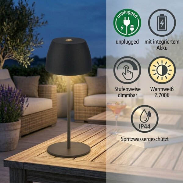 Briloner Serina Mini LED Akku-Tischlampe 7503-015 – Kabellose Touchlampe stufenlos dimmbar, anthrazit, 2,5 W, IP44