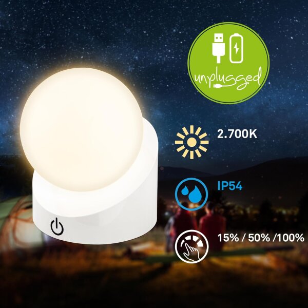 Akku-Leuchte Briloner 2 Watt LED Tischleuchte IP54 Weiß Touchdimmer Tischlampe