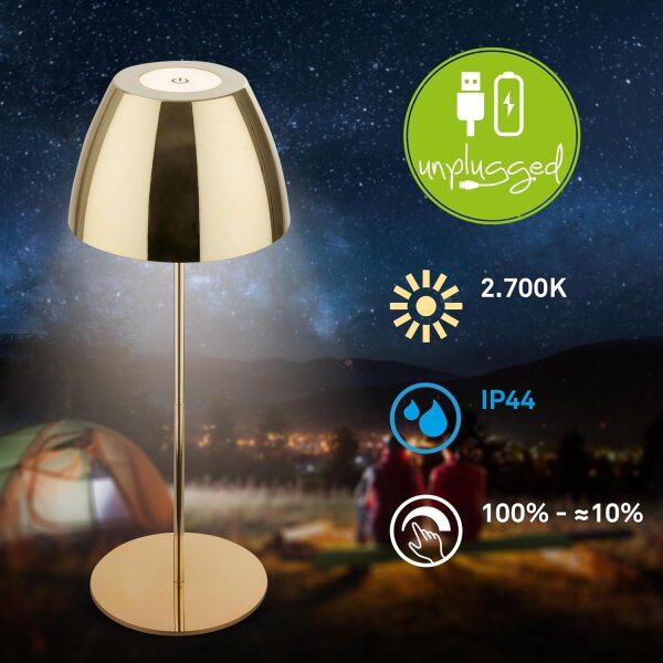 Akku-Leuchte Briloner 2 Watt LED Goldfarbig Tischleuchte Touch-Dimmer IP44 Tischlampe