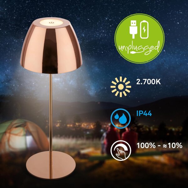 Akku-Leuchte Briloner 2 Watt LED Tischleuchte Kupferfarbif IP44 Touchdimmer Tischlampe
