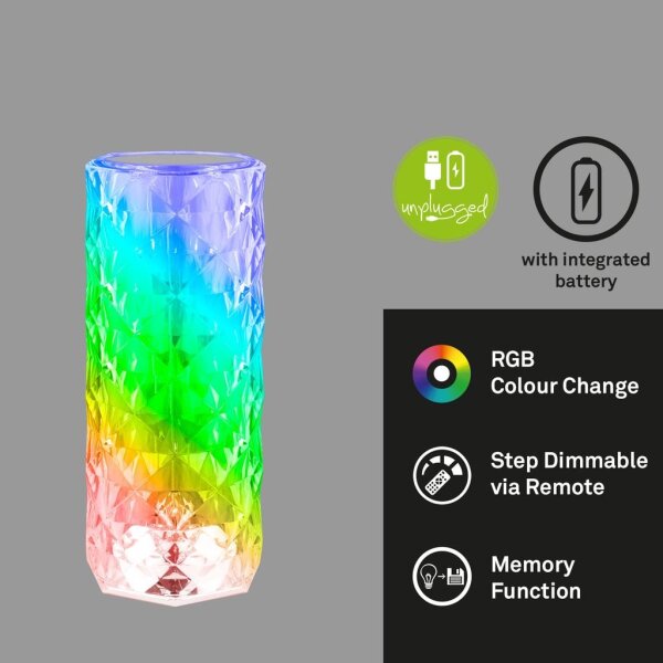 Akku-Tischleuchte Briloner 2,3 Watt LED Transparent Fernbedienung Tischlampe RGB Touchdimmer