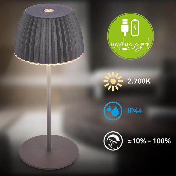 Akku-Leuchte Briloner Riffle Mini 1,5 Watt LED Tischleuchte Touchdimmer Anthrazit IP44 Tischlampe