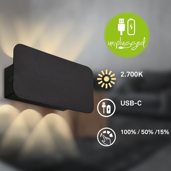 Akku-Leuchte Briloner 2 Watt LED Schwarz Wandlampe Touchdimmer Wandleuchte indirektes Licht