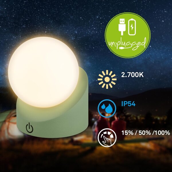 Akku-Leuchte Briloner 2 Watt LED Tischleuchte Grün IP54 Touch-Dimmer Tischlampe