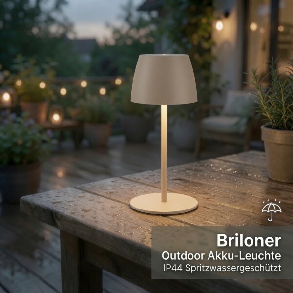 Akku-Leuchte Briloner 2,5 Watt LED Beige Tischleuchte Touchdimmer IP44 Tischlampe