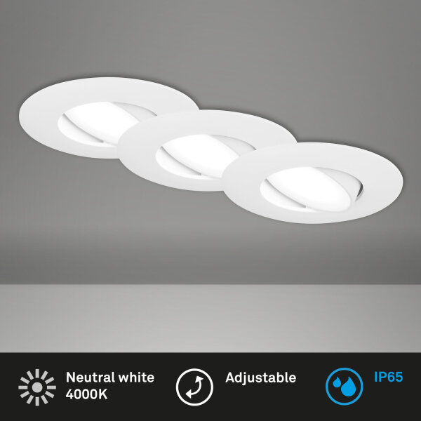 Einbauleuchte Briloner 3er Set Weiß LED IP65 dimmbare Einbaulampen Neutralweiß 4,9 Watt