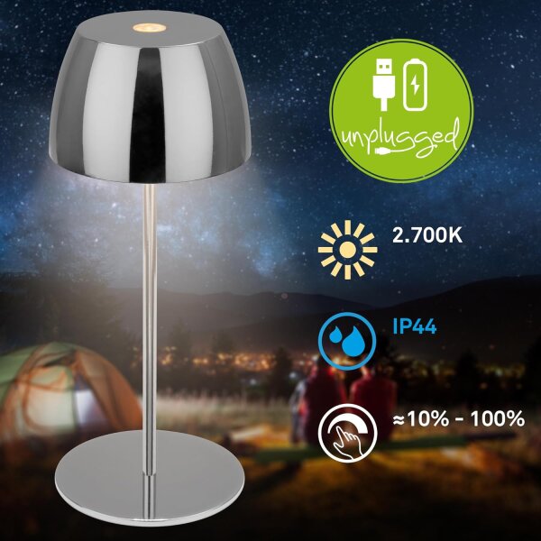 Akku-Leuchte Briloner Tischlampe 2,5 Watt LED Schwarz-Chrom Tischleuchte Touchdimmer IP44