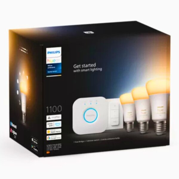 Leuchtmittel Philips Hue Starter-Set „Weißton“ – 3× E27-Lampen 1100lm + Hue Bridge + Dimmschalter
