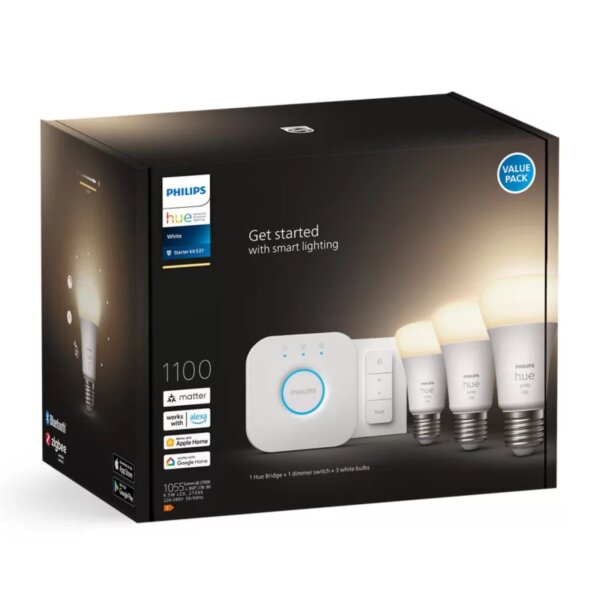 Leuchtmittel Philips Hue Starter-Set „Weiß“, 3× E27 Smart-Birnen 1100lm + Dimmschalter