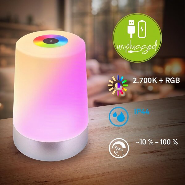 Akku-Tischleuchte Akku-Leuchte, Chrom-matt, 2,8 Watt, 280lm, Touchdimmer, IP44 – Briloner