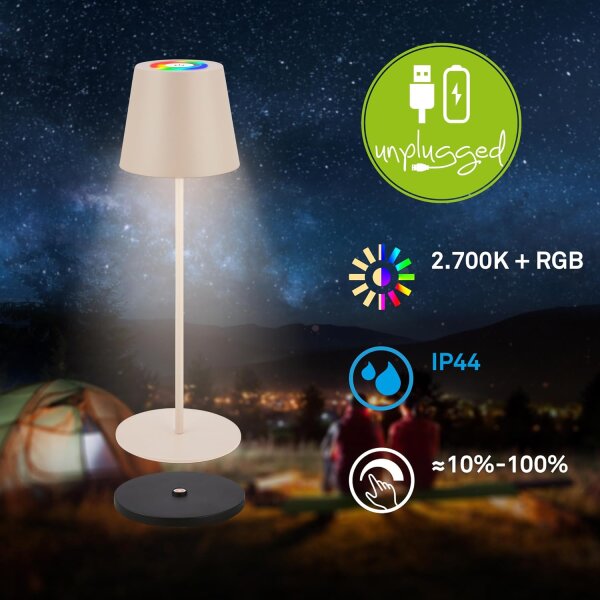 Akku-Leuchte Briloner 3,5 Watt LED Tischleuchte RGBW Beige Touchdimmer IP44 mit Ladestation Tischlampe