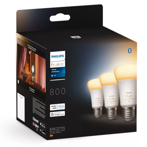 Philips Hue White Ambiance 3er-Set E27 – dimmbar, weißtonsteuerbar, Bluetooth & ZigBee