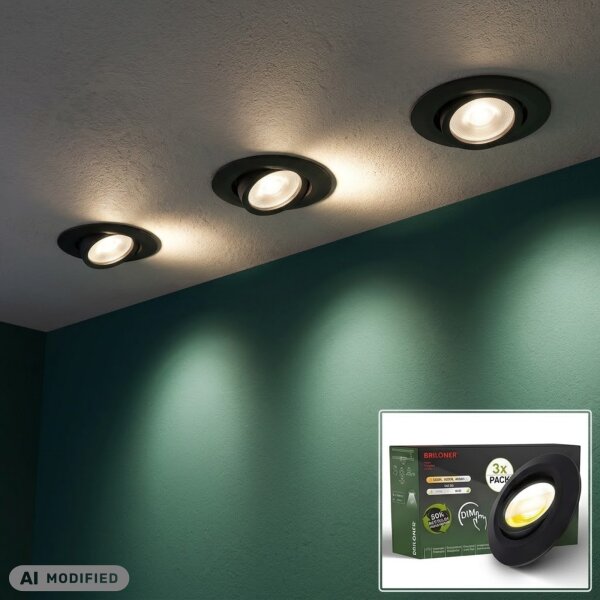 Briloner LED Einbaustrahler schwarz Set 3-fach – Ø 90 mm – 4,9 W – dimmbar – Farbtemperaturwechsel