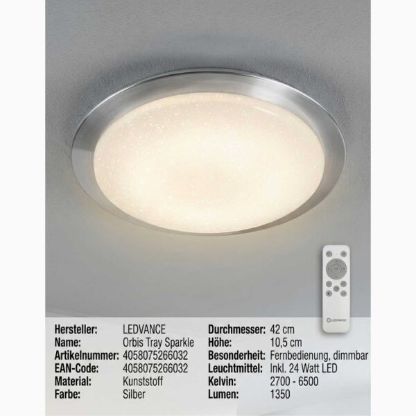 LED Deckenlampe Orbis Tray Sparkle, Silber, 24 Watt, 1350lm, 2700 – 6500K, dimmbar – Ledvance