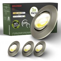Briloner Einbaustrahler‑Set 3‑fach Ø 90 mm – 3er Set LED Einbauleuchten, 4,9 W pro Spot, dimmbar, Nickel-Matt
