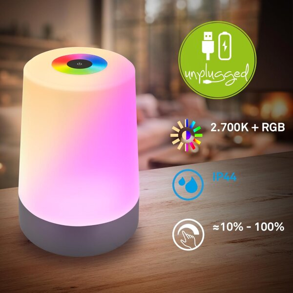 Akku-Leuchte Briloner 2,8 Watt LED Tischleuchte RGBW Anthrazit Touchdimmer IP44 Tischlampe