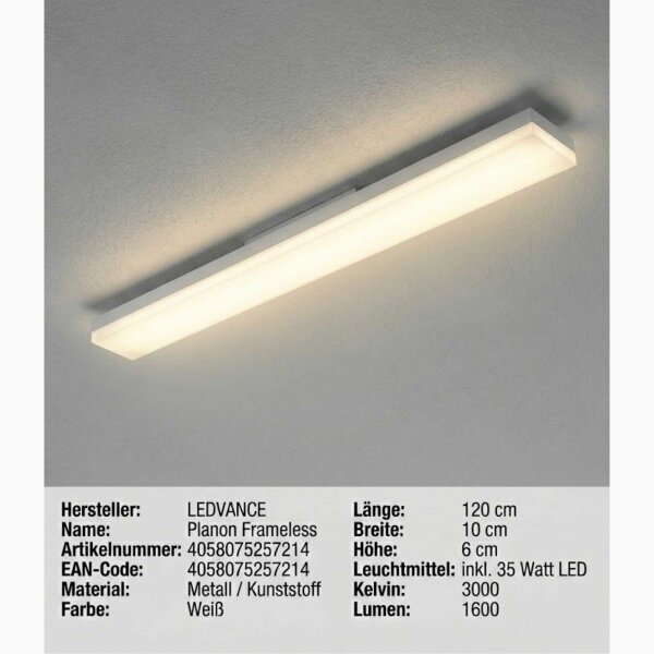 Deckenleuchte Ledvance  Planon Frameless 35 Watt LED 120 cm Deckenlampe 1600 Lumen