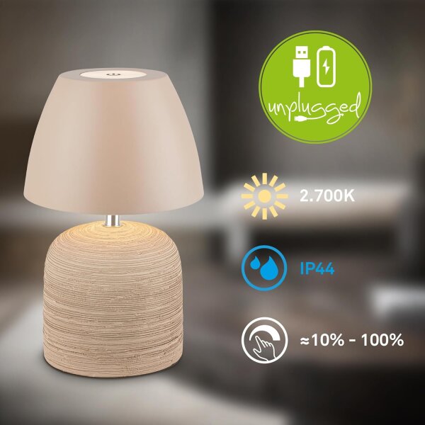 Akku-Leuchte Briloner Keramik 2,5 Watt LED Tischleuchte Beige Touchdimmer IP44 Tischlampe
