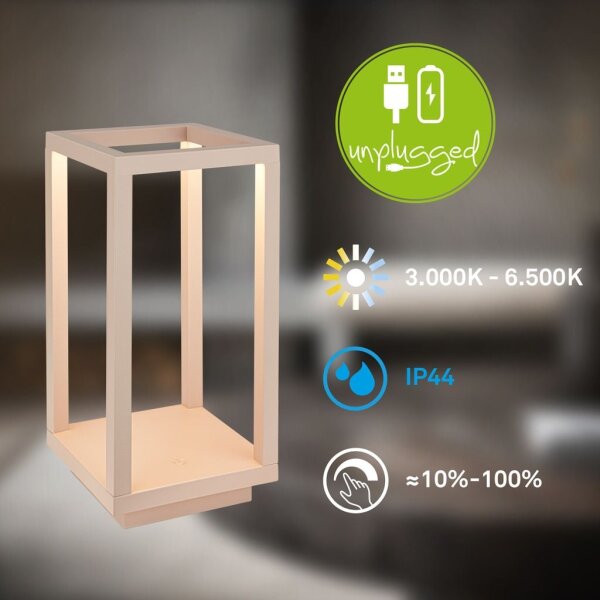 Akku-Leuchte Briloner 1,8 Watt LED Tischleuchte Beige CCT Touchdimmer IP44 Tischlampe