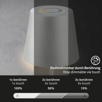 Akku-Tischlampe Akku-Leuchte RGBW, Chrom-matt, 2,5 Watt, 200lm, Touchdimmer, IP44 – Briloner