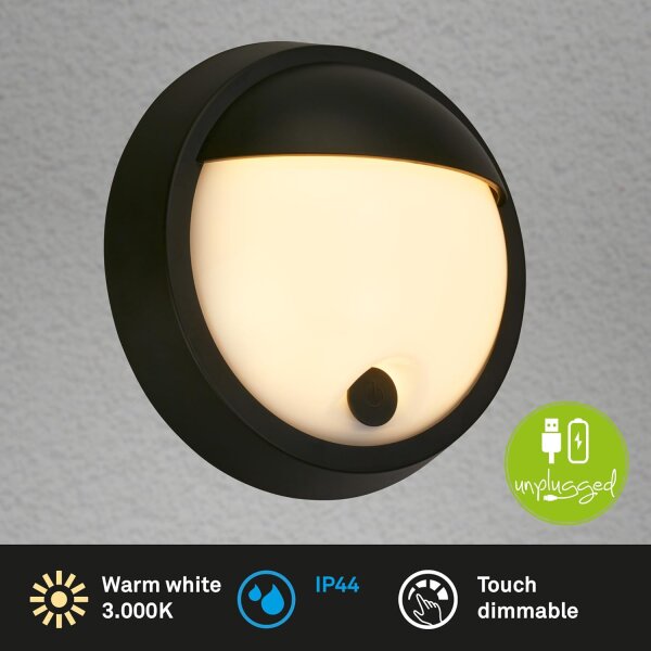 Akku-Leuchte Briloner Außenlampe 4 Watt LED Touchdimmer Wandleuchte IP44 Schwarz Wandlampe 17 cm