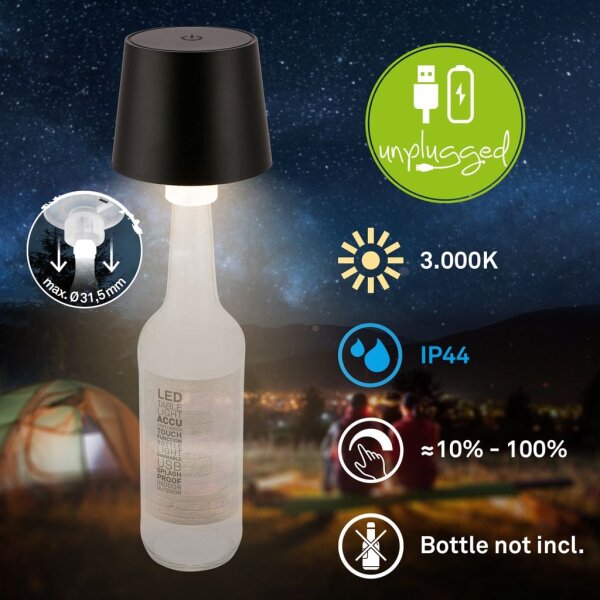 Akku-Leuchte Briloner 1,8 Watt LED Flaschenleuchte Schwarz Touchdimmer Flaschenlampe