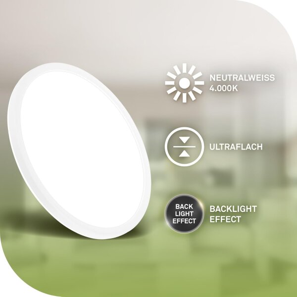 LED Deckenleuchte Panel rund, Weiß, 11,4 Watt, 2400lm, 4000K, Ø 29 cm – Briloner