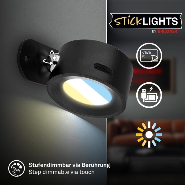 Akku-Leuchte Briloner Wandleuchte 1,6 Watt LED Schwarz Wandlampe CCT dimmbar Kleben statt Bohren