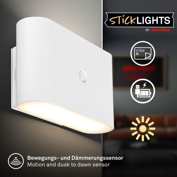 Akku-Leuchte Briloner 3 Watt LED Wandlampe ohne Bohren Weiß Bewegungsmelder Wandleuchte
