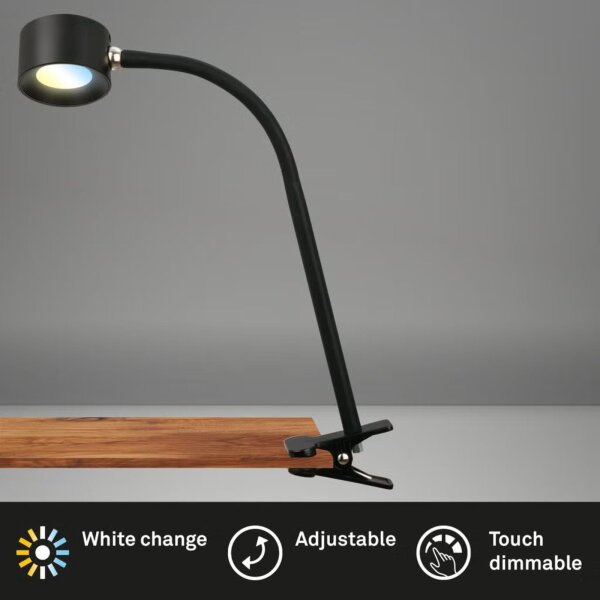 Briloner LED Akku-Klemmleuchte magnetisch abnehmbarer Kopf, Touchdimmer, CCT 3000–6500 K, Schwarz, 4,5 Watt, 220 Lumen