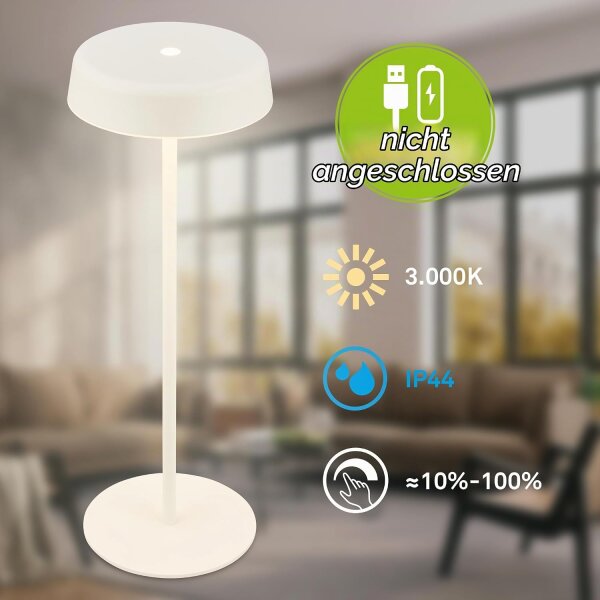 Akku-Tischleuchte Akku-Leuchte, Altweiß, 2 Watt, Touchdimmer, IP44, Ø 13 cm – Briloner