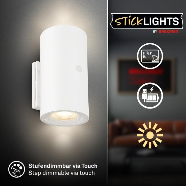 Akku-Leuchte Briloner 2 Watt LED Weiß Wandlampe TouchdimmerWandleuchte Montage ohne Bohren