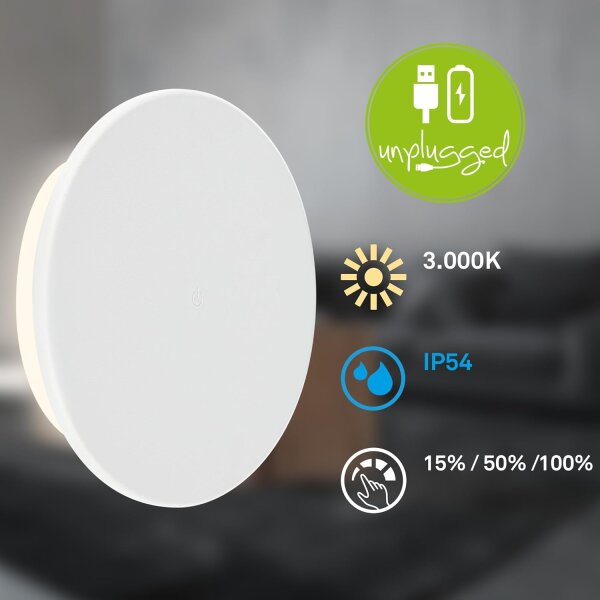Akku-Leuchte Briloner Wandlampe 2,6 Watt LED Touchdimmer Wandleuchte IP54 Weiß