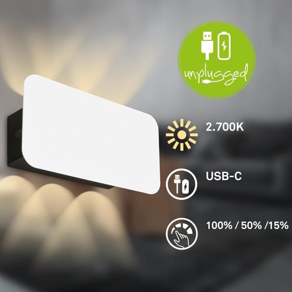 Akku-Wandleuchte, Weiß, 2 Watt, Touchdimmer, 4,5 x 17 x 9 cm – Briloner