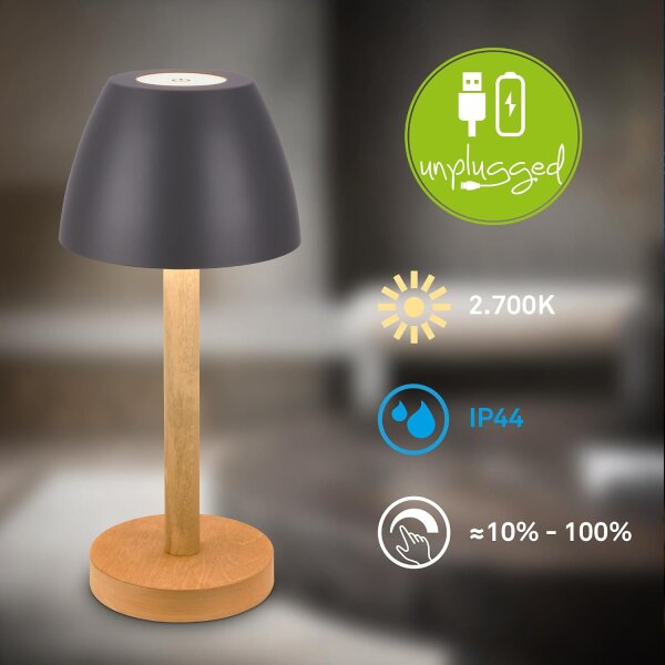 Akku-Tischleuchte Akku-Leuchte, Anthrazit / Holz, 2,5 Watt, Touchdimmer, IP44 – Briloner