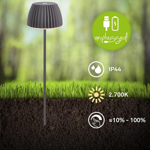 Akku-Leuchte Briloner Riffle Mini 1,5 Watt LED Erdspieß Anthrazit IP44 Touchdimmer Beetleuchte