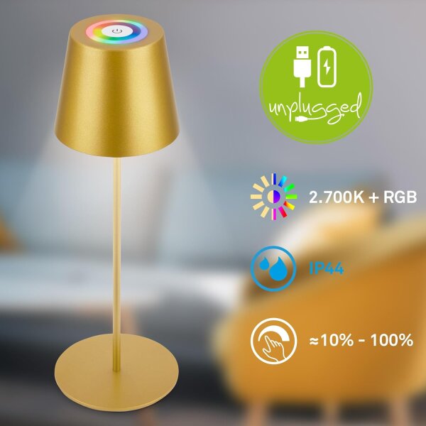 Akku-Leuchte Briloner 2,5 Watt LED Tischleuchte Flaschenleuchte RGBW 3-in1 Tischlampe Gold IP44 Touchdimmer