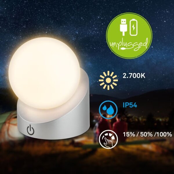 Briloner Sora Mini LED Akku-Tischleuchte kabellos, dimmbar, Chrom-matt, IP54, 2 Watt, 150 Lumen, 2700 K