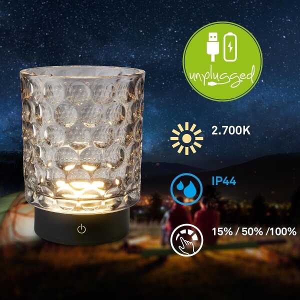 Akku-Tischleuchte Akku-Leuchte, Grau, 2 Watt, 150lm, 2700K, Glas, Touchdimmer, IP44 – Briloner