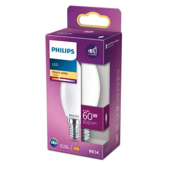 Leuchtmittel Philips E14 6,5 Watt LED Kerze 806 Lumen warmweiß