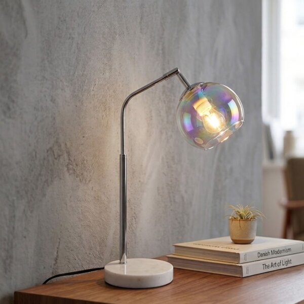 Tischleuchte Paxton, Chrom / Glas irisierend, 10 Watt, E14-Fassung, Marmor – Trio