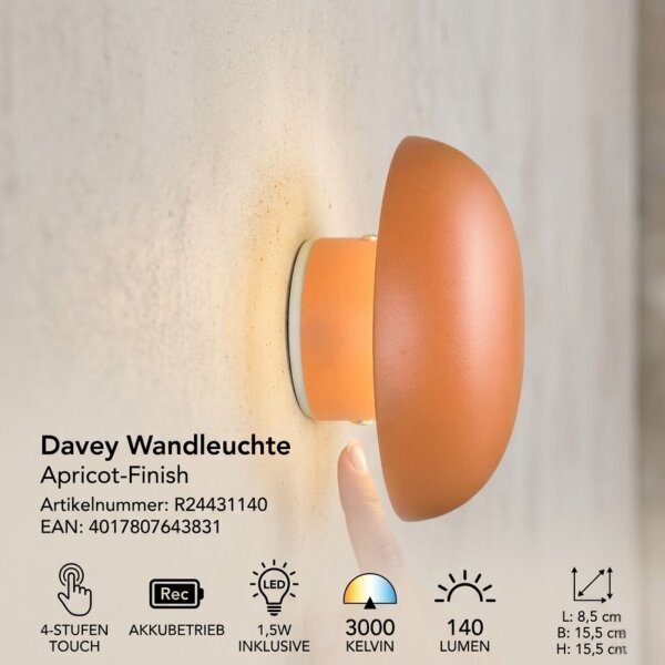 Akku-Wandlampe Davey, Apricot, 1,5 Watt, 140lm, 3000K, 8,5 x 15,5 x 15,5 cm – Reality Leuchten